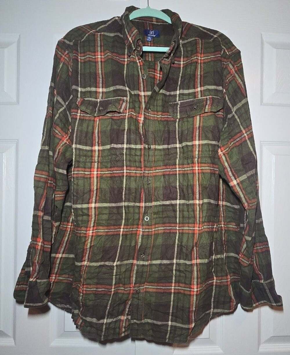 George Flannel Button Down Shirt Size 3XL Green Brown Red Plaid Long Sleeve
